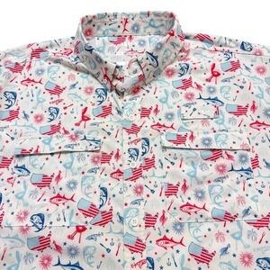 Silver Bait Shirt Mens 2XL Patriotic Fish Fishing Short Sleeve Button Up Grill